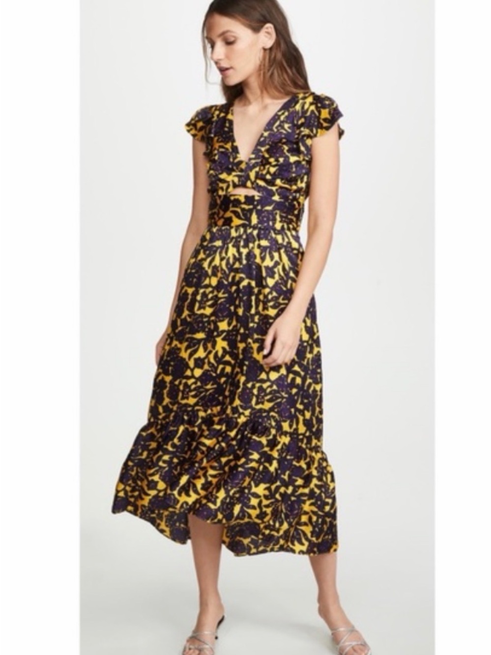 A.L.C. Purple and Yellow Floral V-Neck Ruffled Midi Dress